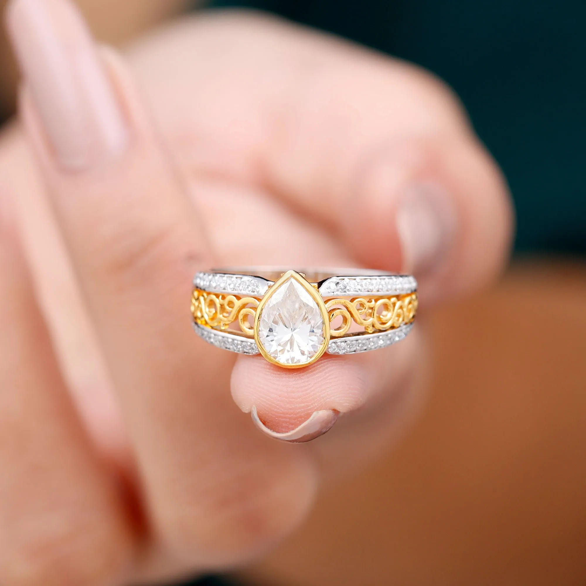 Pear Cut Solitaire Moissanite Two Tone Engagement Ring with Filigree Details