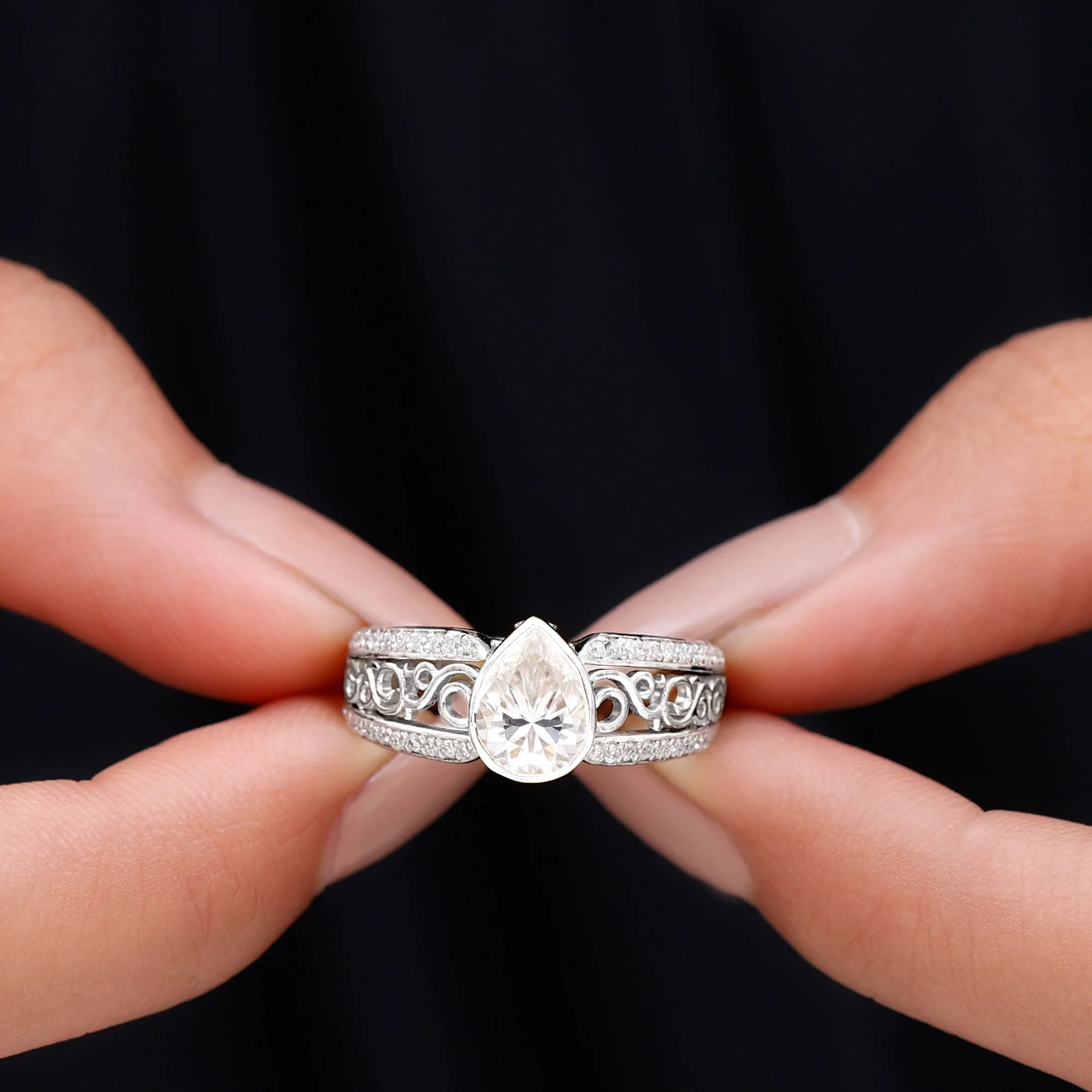 Pear Cut Solitaire Moissanite Two Tone Engagement Ring with Filigree Details