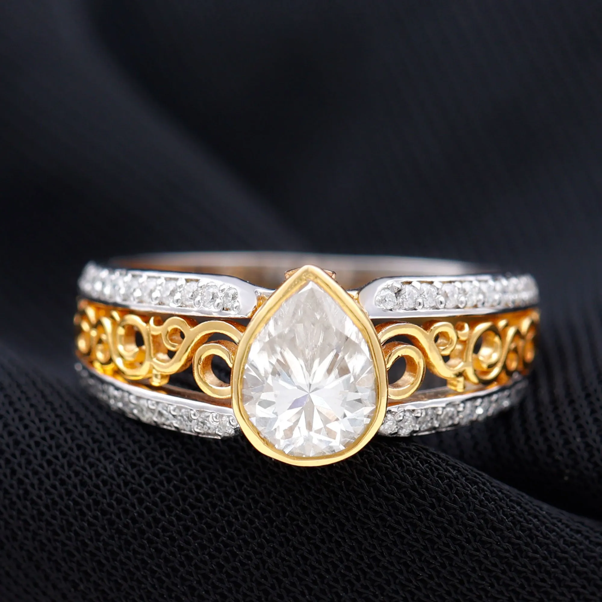 Pear Cut Solitaire Moissanite Two Tone Engagement Ring with Filigree Details