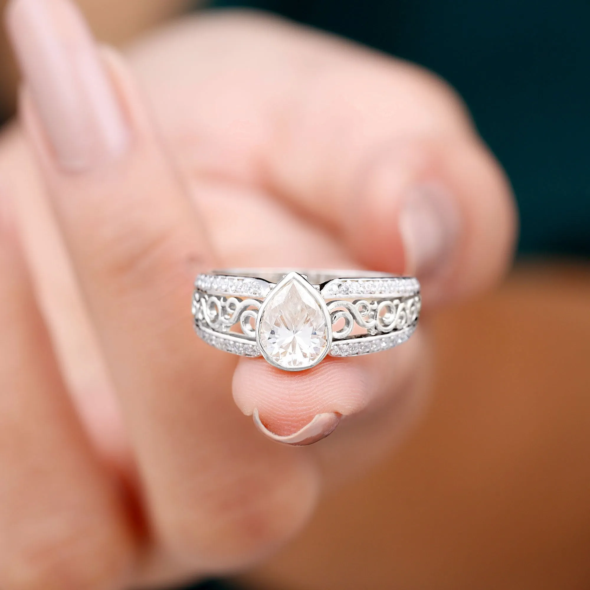 Pear Cut Solitaire Moissanite Two Tone Engagement Ring with Filigree Details