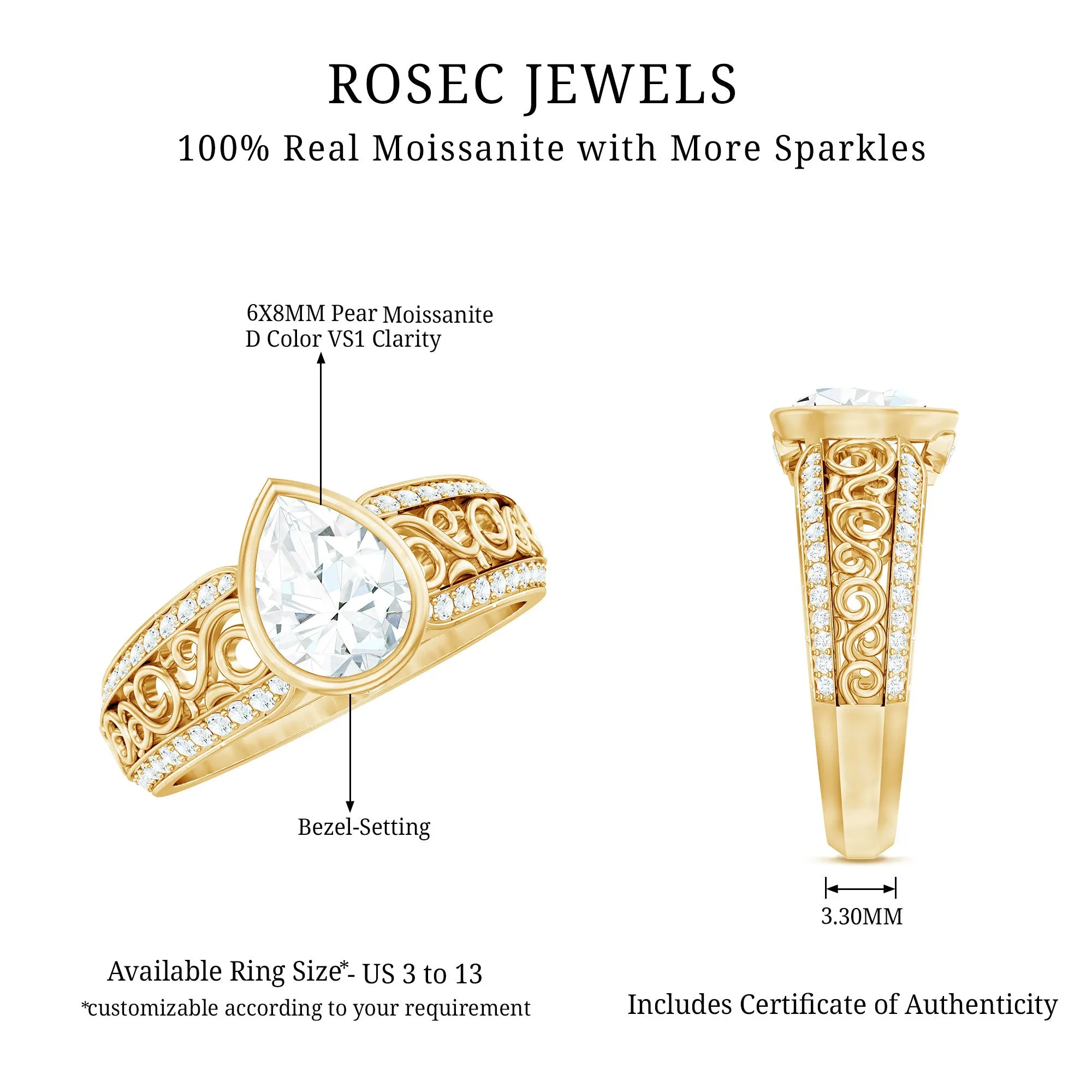 Pear Cut Solitaire Moissanite Two Tone Engagement Ring with Filigree Details