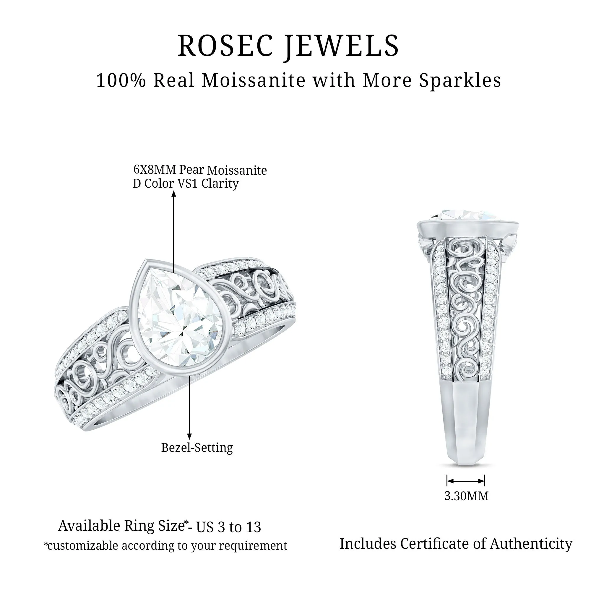 Pear Cut Solitaire Moissanite Two Tone Engagement Ring with Filigree Details