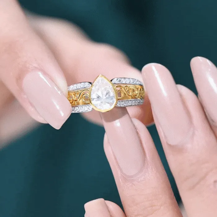 Pear Cut Solitaire Moissanite Two Tone Engagement Ring with Filigree Details