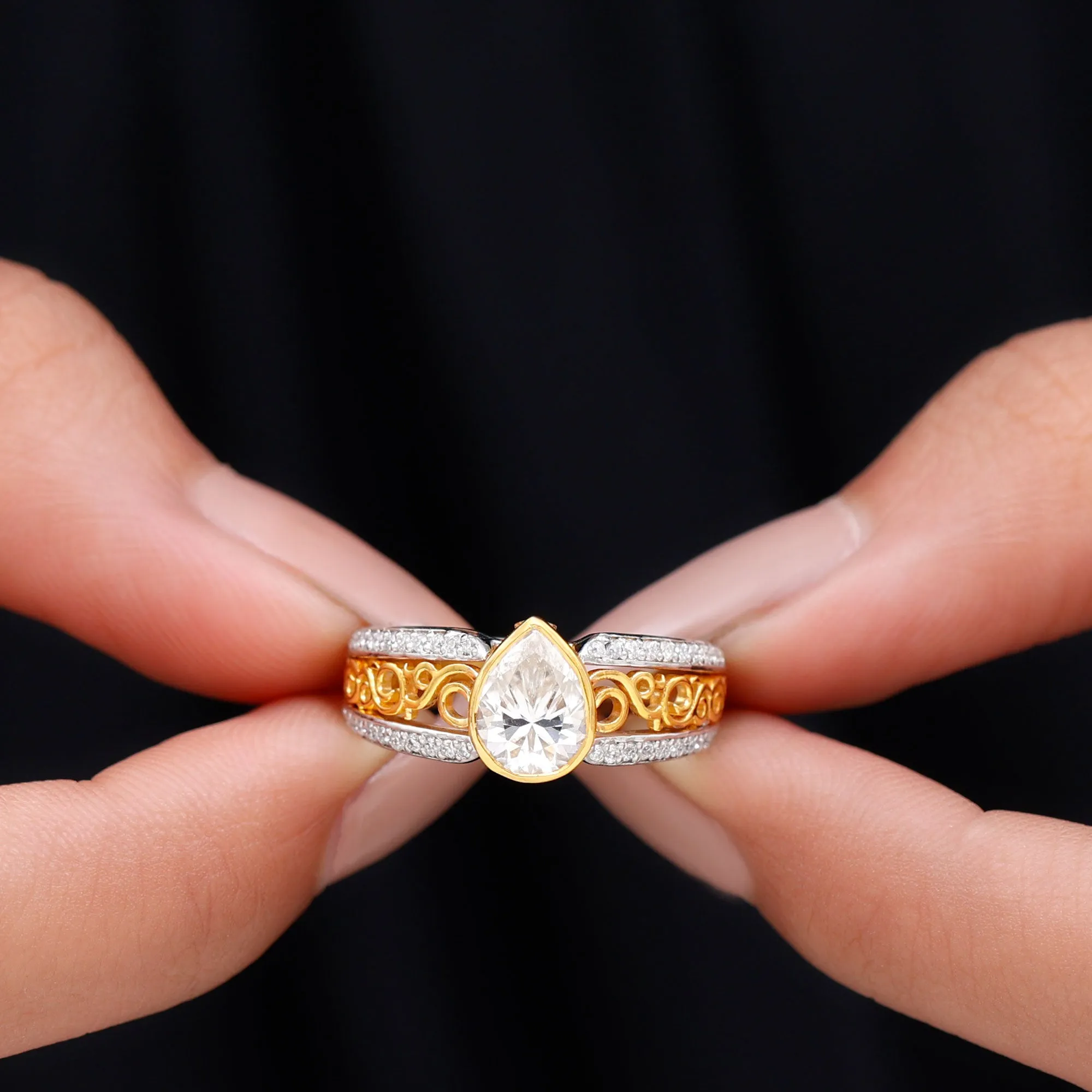 Pear Cut Solitaire Moissanite Two Tone Engagement Ring with Filigree Details