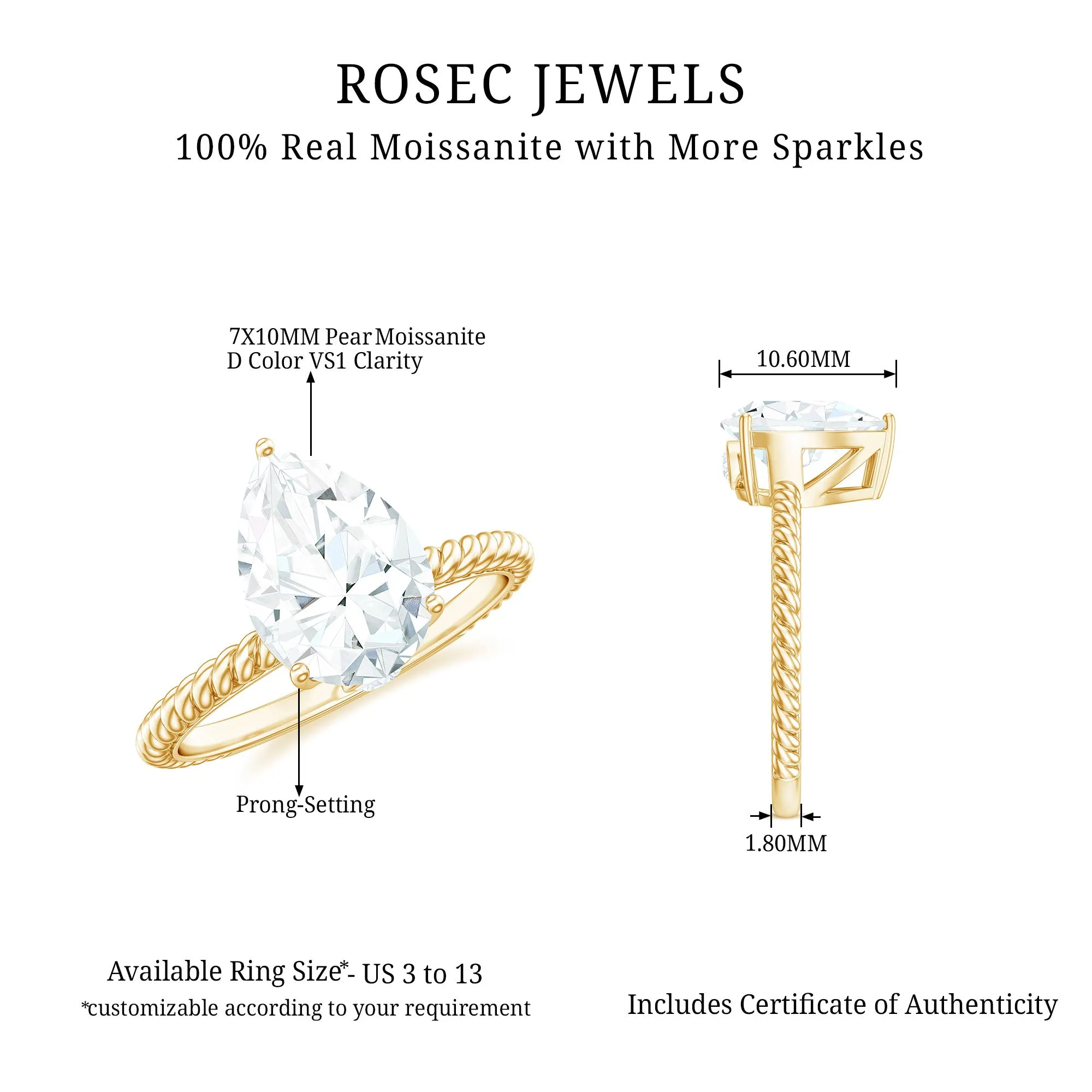 Pear Shaped Moissanite Solitaire Ring with Gold Twisted Rope
