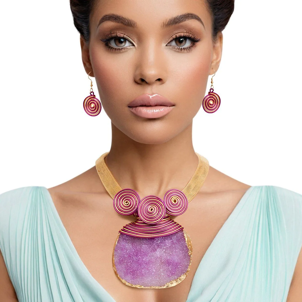 Pendant Purple Druzy Stone Wire Tribal Necklace