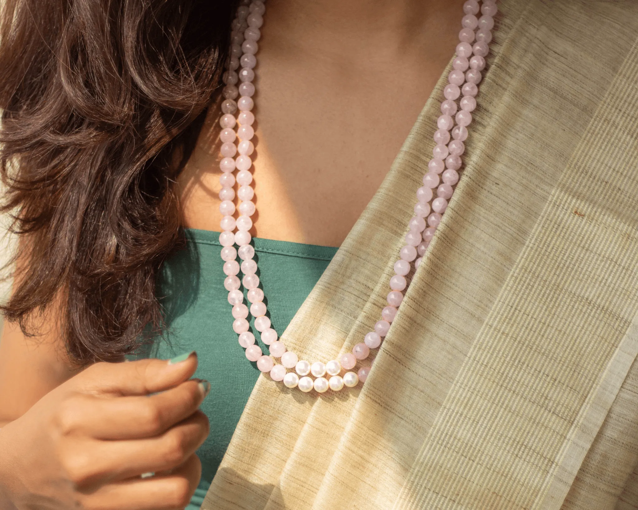 Rose Quartz with Moti Necklace
