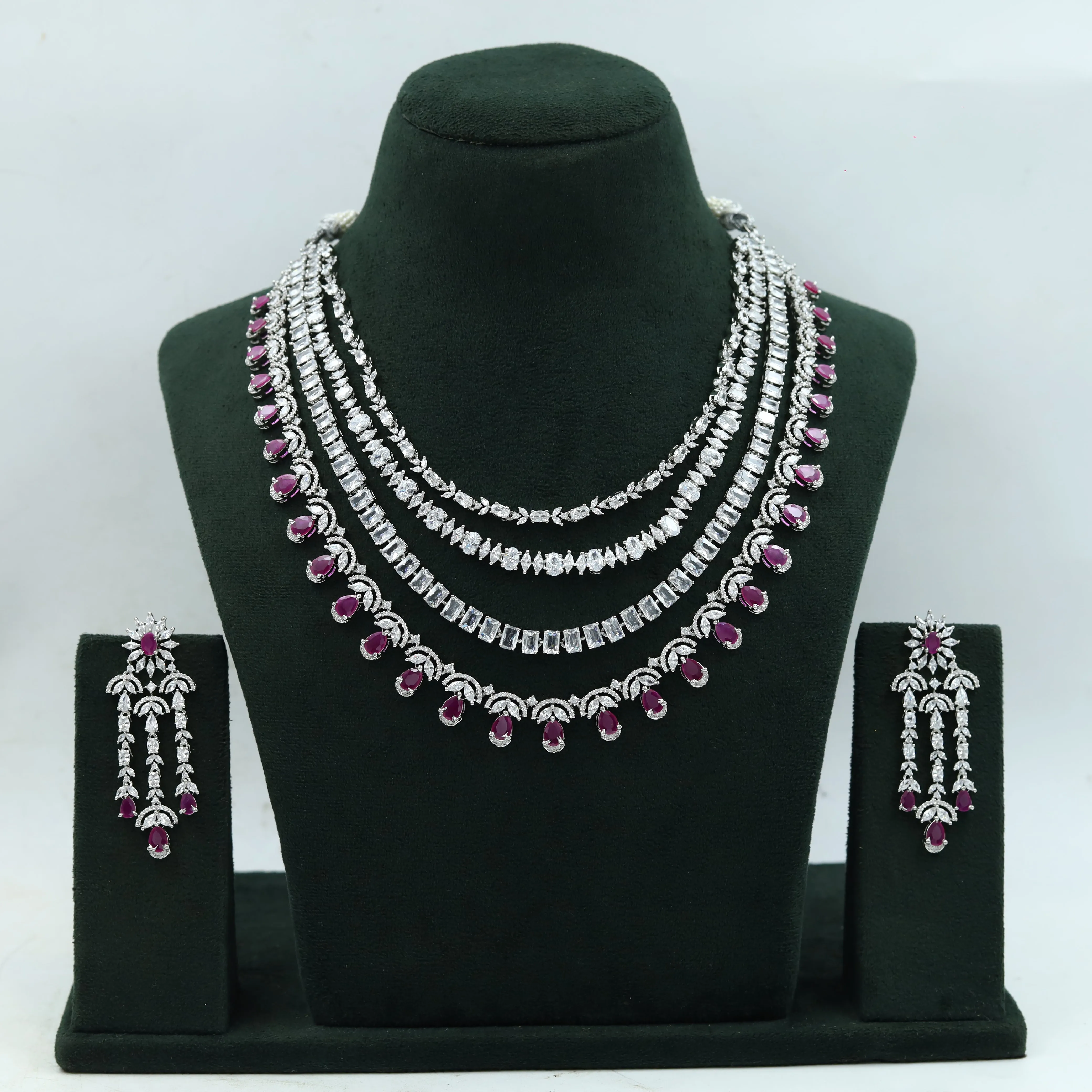 Round Neck Zircon/AD Layering Bridal Necklace Set 15216-68