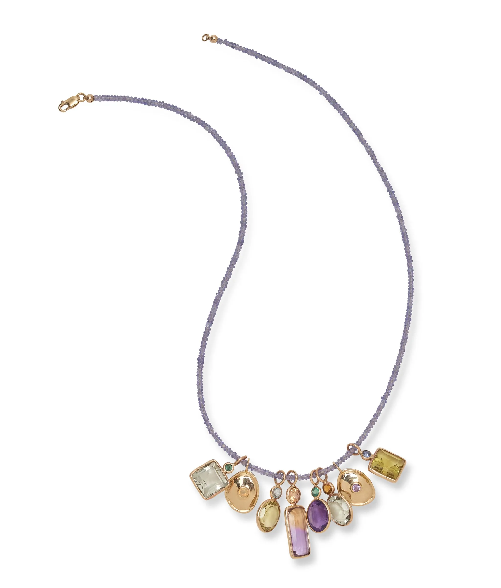 Square 14k Gold Necklace Charm in Tanzanite & Lemon Quartz