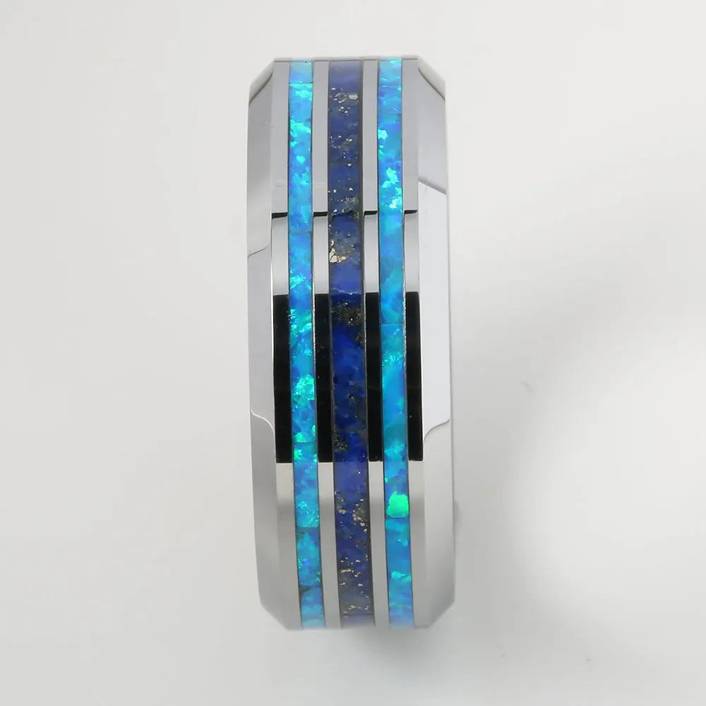 Tungsten Lapis Lazuli and Opal Inlaid Triple Row Beveled Edge Wedding Ring 8mm